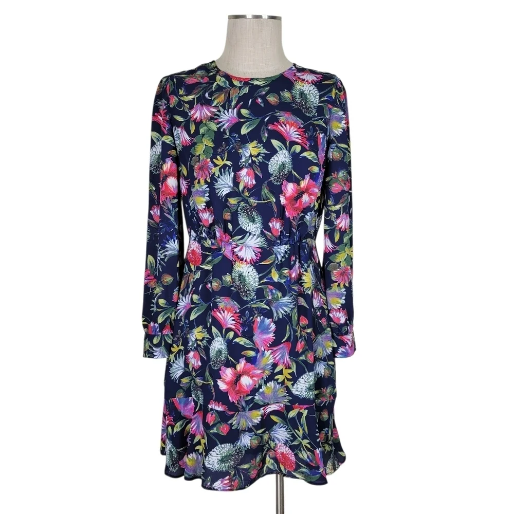 J Crew Dress Size 6 Floral Long Sleeve Flounce Hem Fitted Waist Back Zip Lined